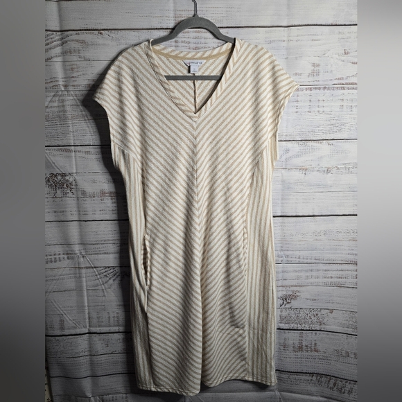 Liz Claiborne Cream and Tan V-Neck Midi Dress With Pockets Size XL - Picture 1 of 5